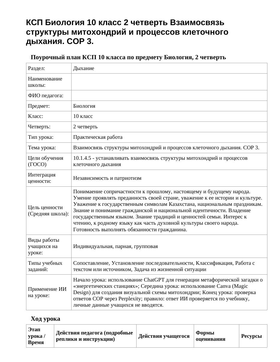 КСП Биология 10 класс 2 четверть Взаимосвязь структуры митохондрий и процессов клеточного дыхания. СОР 3.