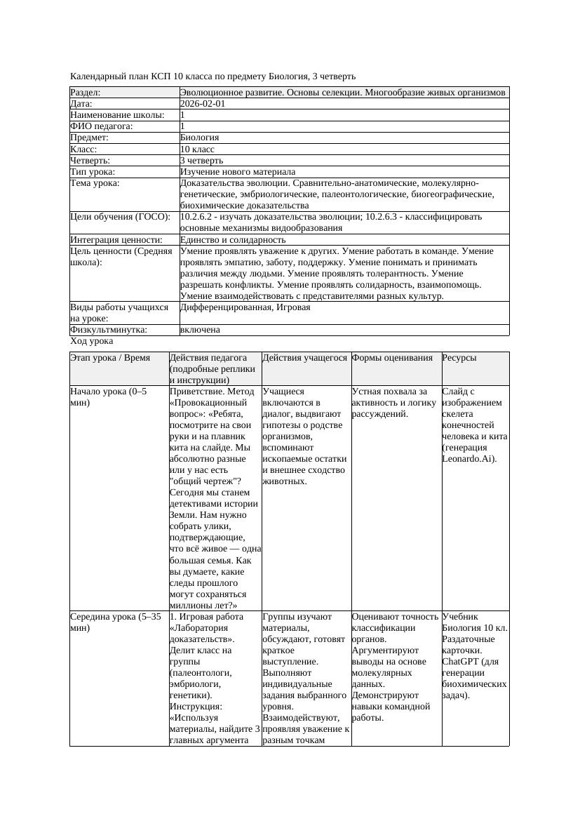 КСП Биология 10класс 3четверть Доказательства эволюции Сравнительно