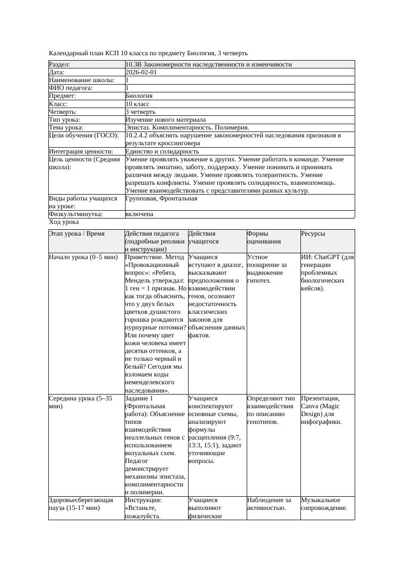 КСП Биология 10класс 3четверть Эпистаз Комплиментарность Полимерия