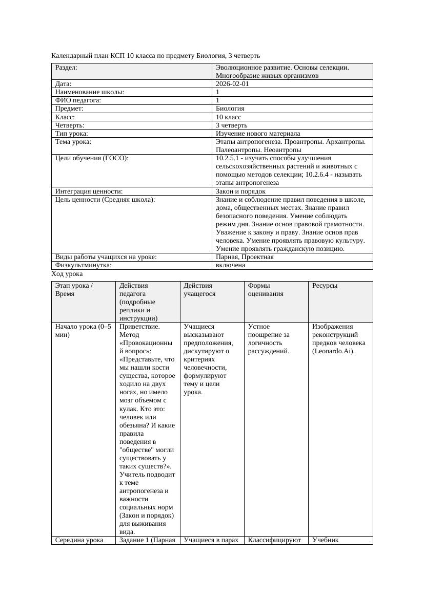 КСП Биология 10класс 3четверть Этапы антропогенеза Проантропы Архантропы