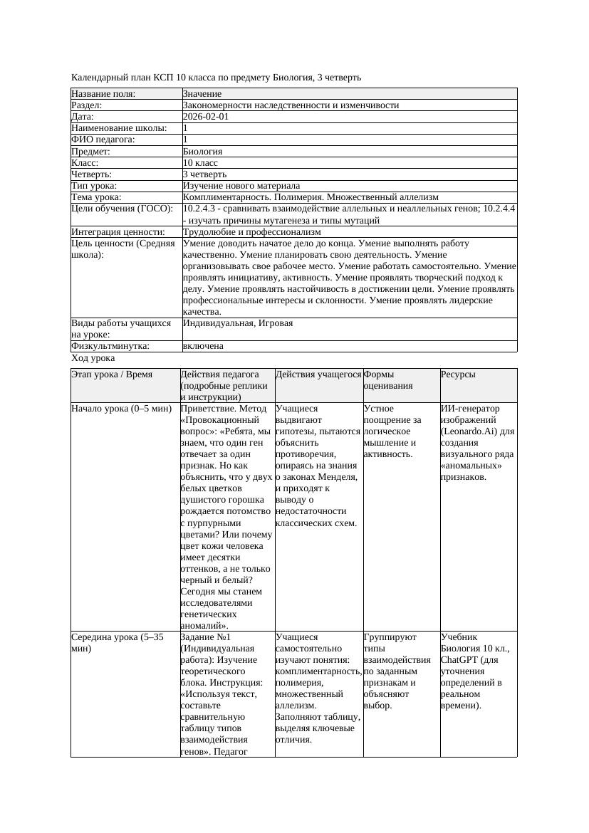 КСП Биология 10класс 3четверть Комплиментарность Полимерия Множественный