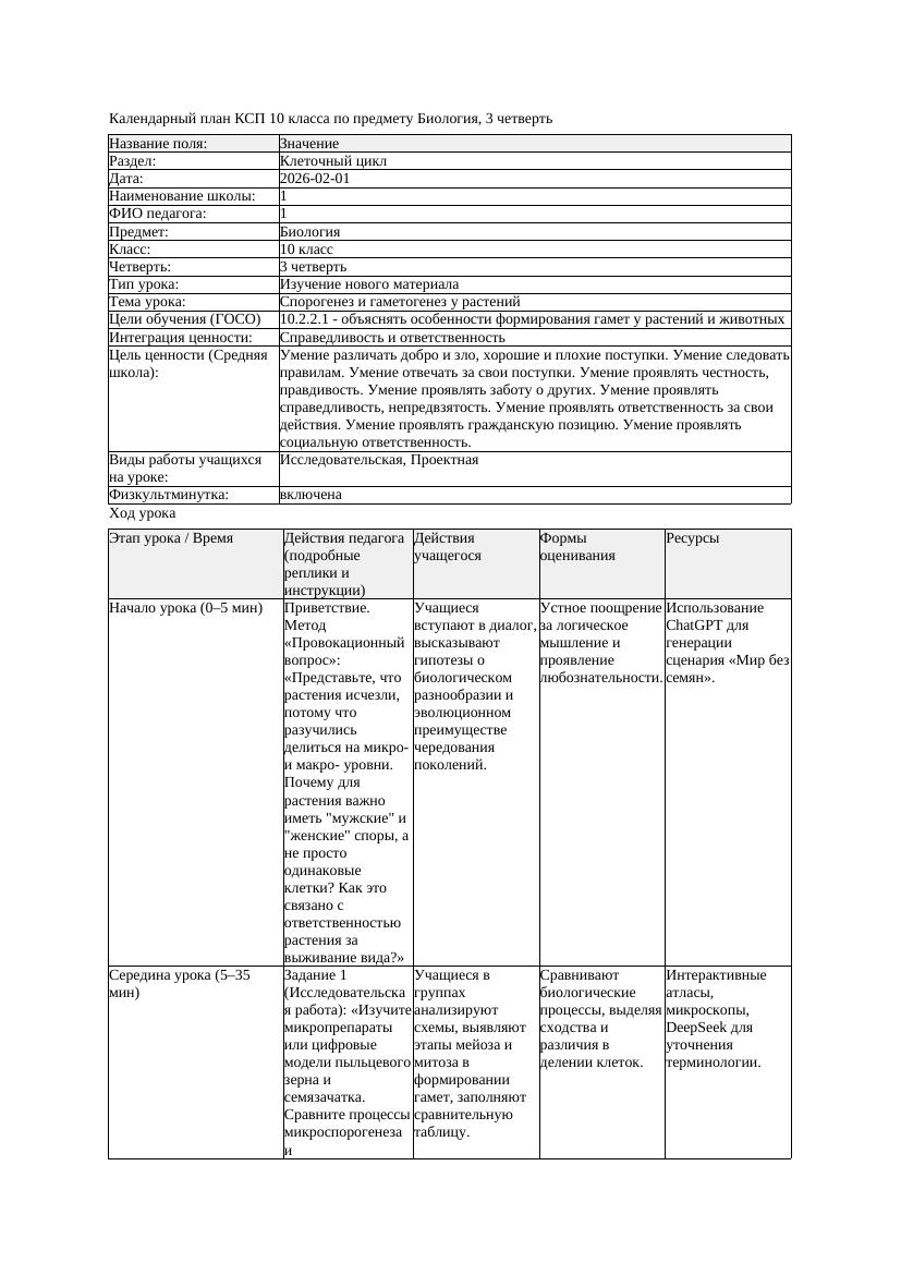 КСП Биология 10класс 3четверть Спорогенез и гаметогенез у растений