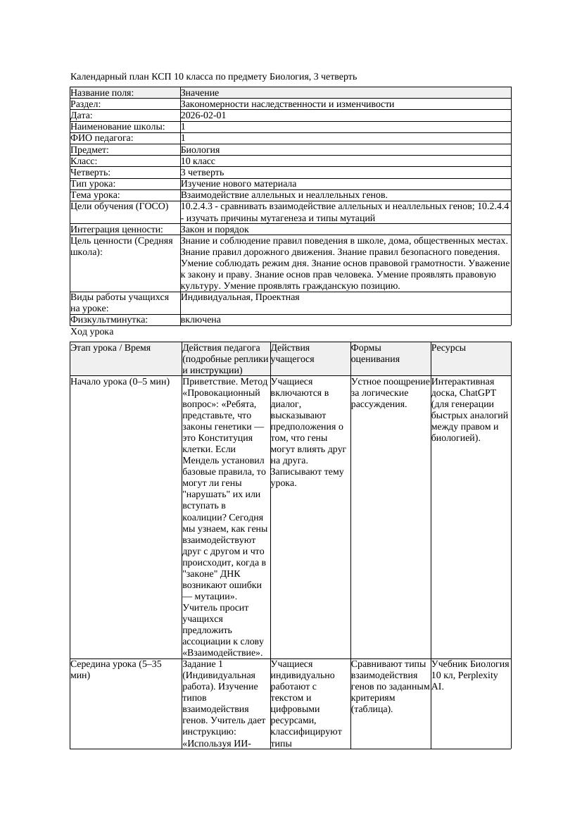 КСП Биология 10класс 3четверть Взаимодействие аллельных и неаллельных