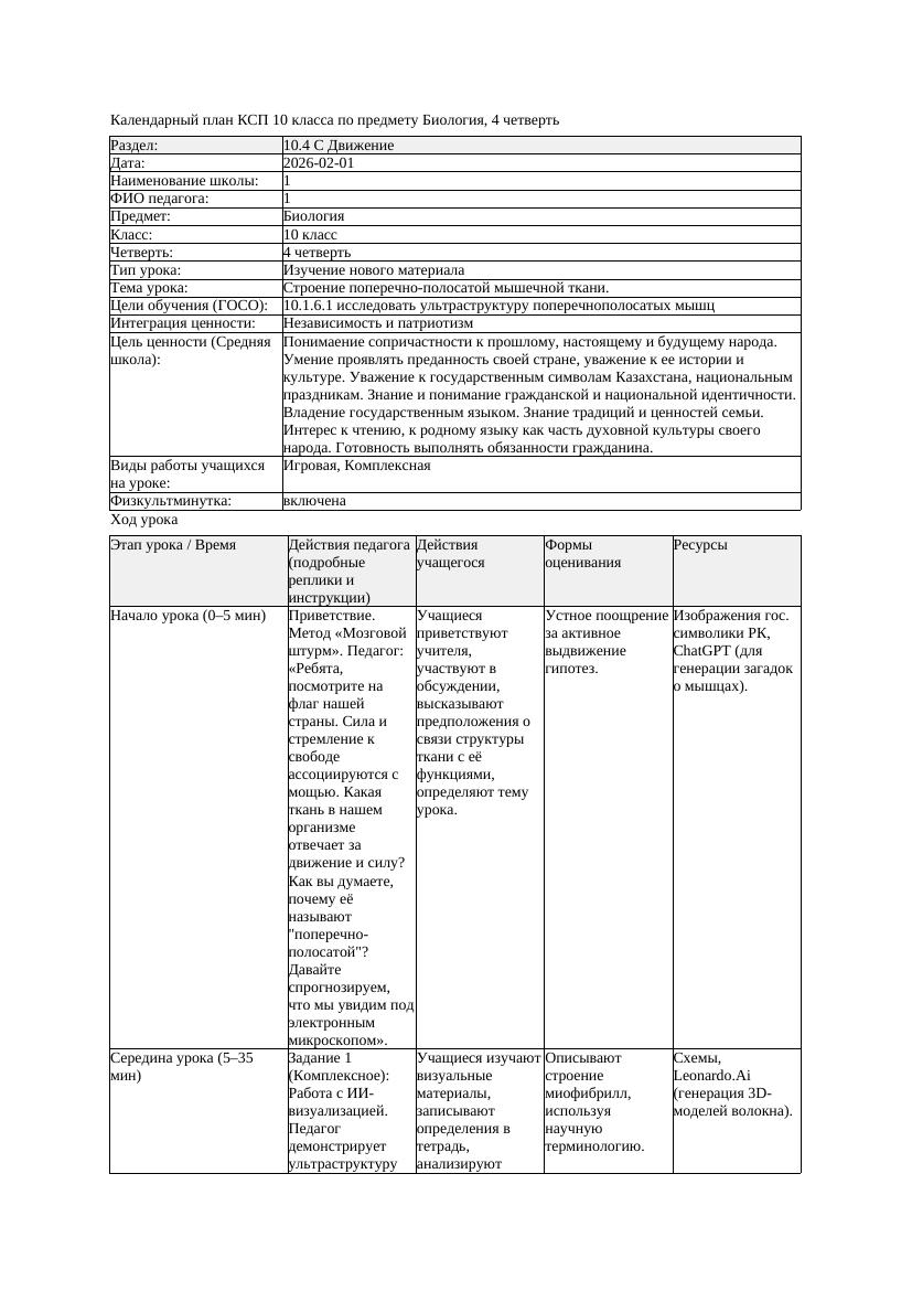 КСП Биология 10класс 4четверть Строение поперечно полосатой мышечной