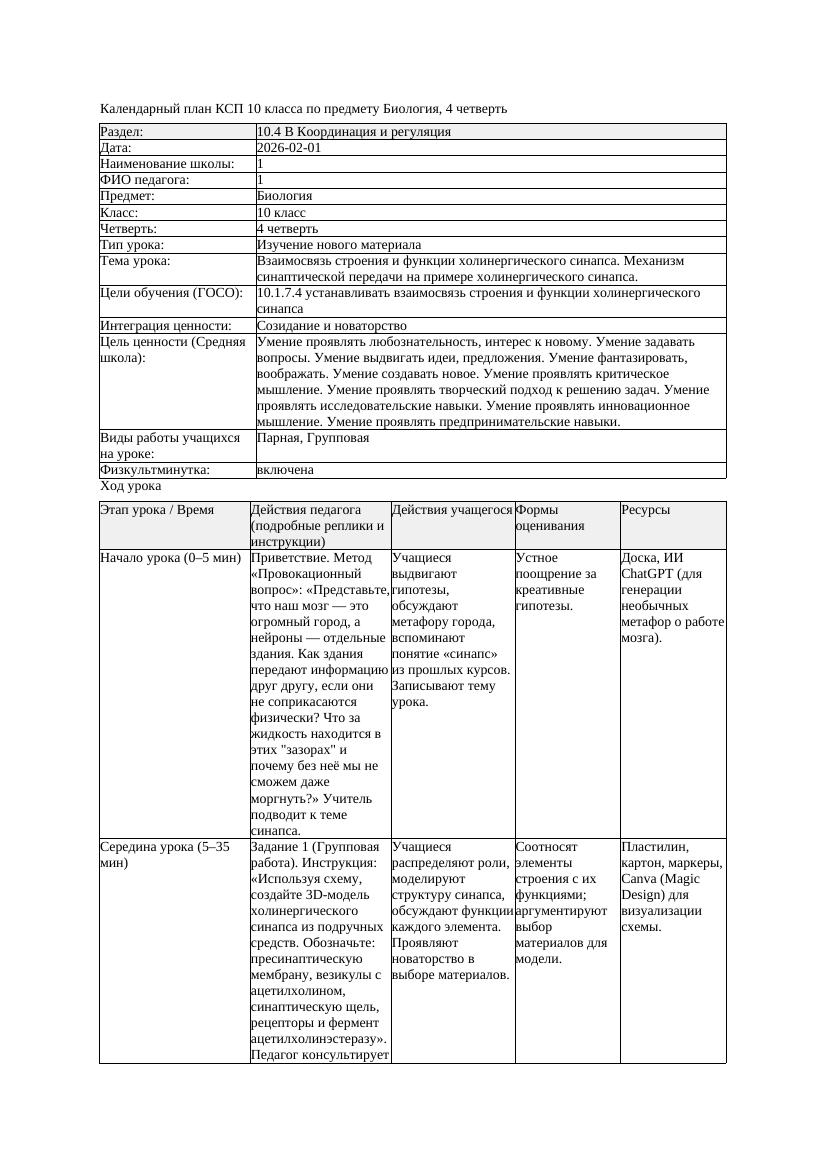 КСП Биология 10класс 4четверть Взаимосвязь строения и функции холинергическ