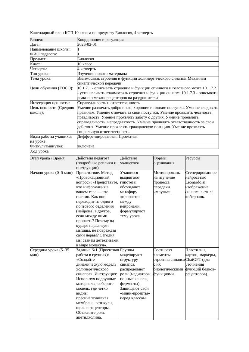 КСП Биология 10класс 4четверть Взаимосвязь строения и функции холинергическ