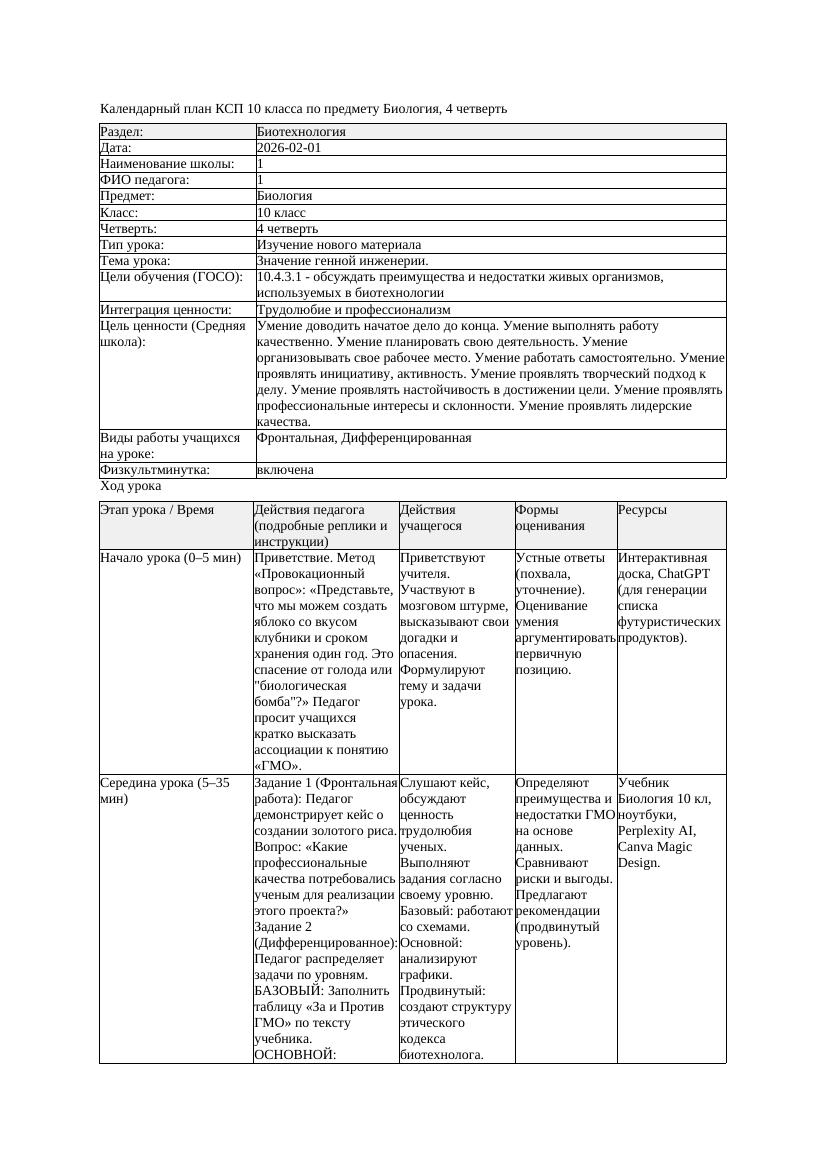 КСП Биология 10класс 4четверть Значение генной инженерии docx