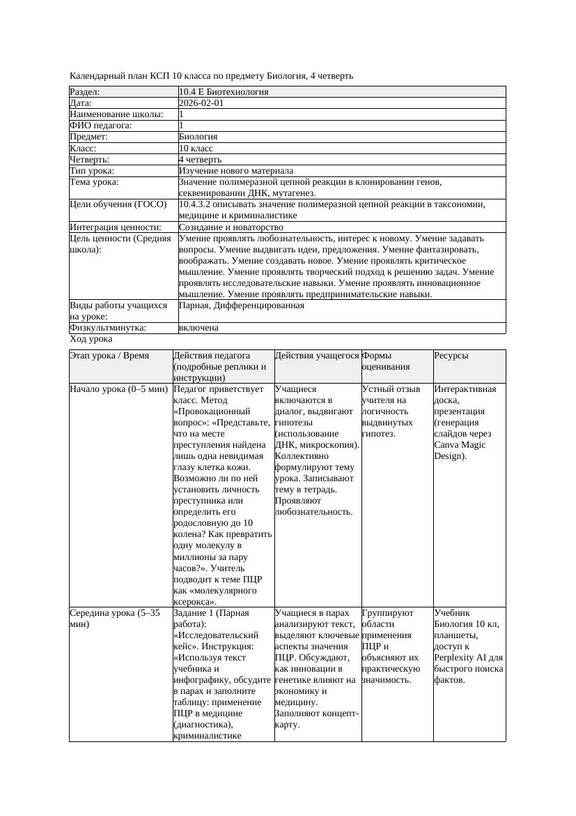 КСП Биология 10класс 4четверть Значение полимеразной цепной реакции