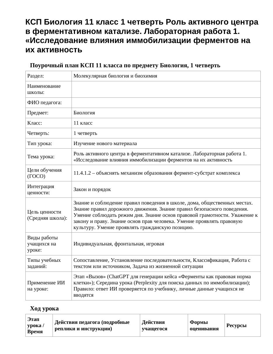 КСП Биология 11 класс 1 четверть Роль активного центра в ферментативном катализе. Лабораторная работа 1. «Исследование влияния иммобилизации ферментов на их активность