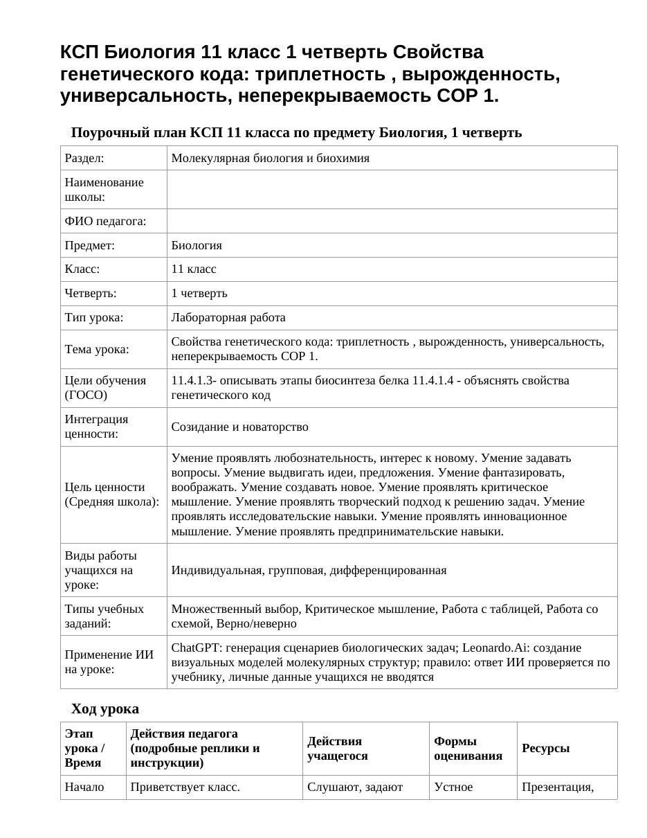 КСП Биология 11 класс 1 четверть Свойства генетического кода: триплетность , вырожденность, универсальность, неперекрываемость СОР 1.