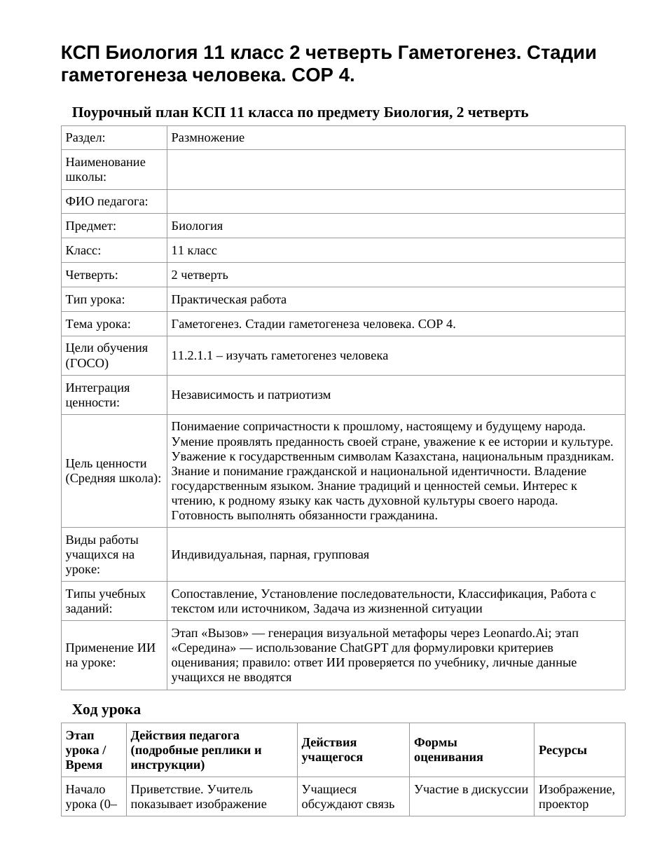 КСП Биология 11 класс 2 четверть Гаметогенез. Стадии гаметогенеза человека. СОР 4.