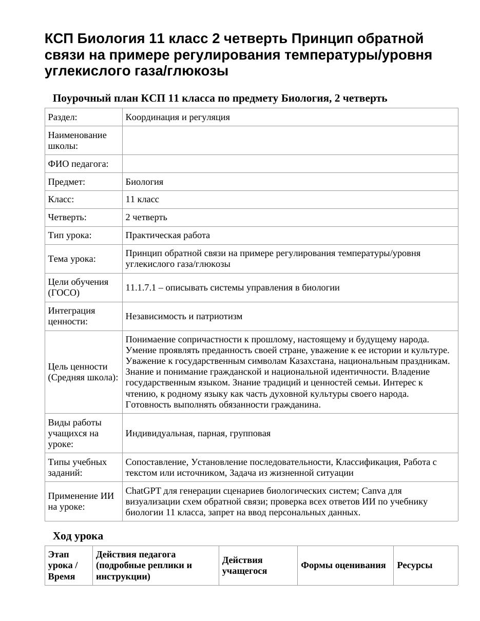 КСП Биология 11 класс 2 четверть Принцип обратной связи на примере регулирования температуры/уровня углекислого газа/глюкозы