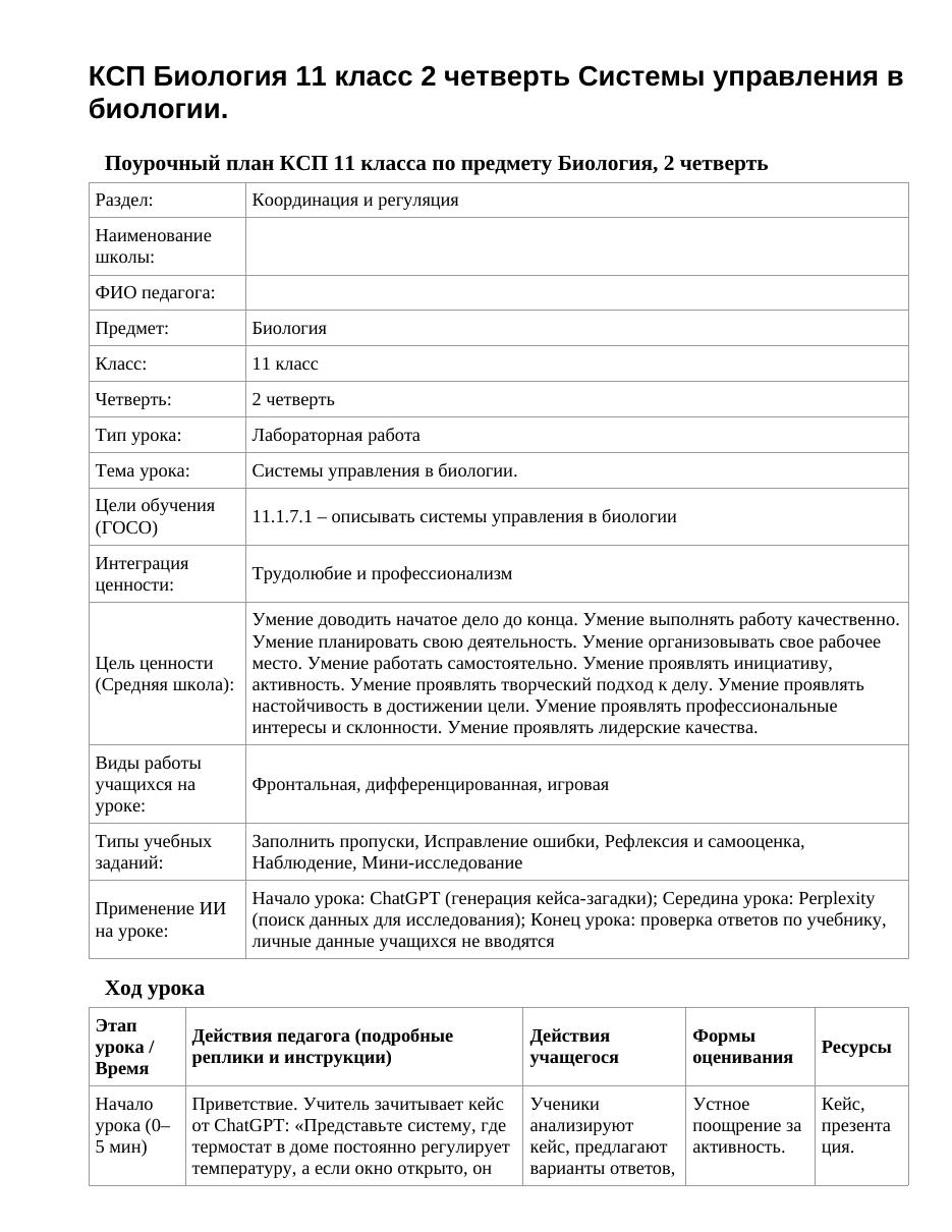 КСП Биология 11 класс 2 четверть Системы управления в биологии.