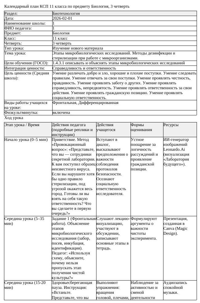 КСП Биология 11 класс 3 четверть Этапы микробиологических исследований