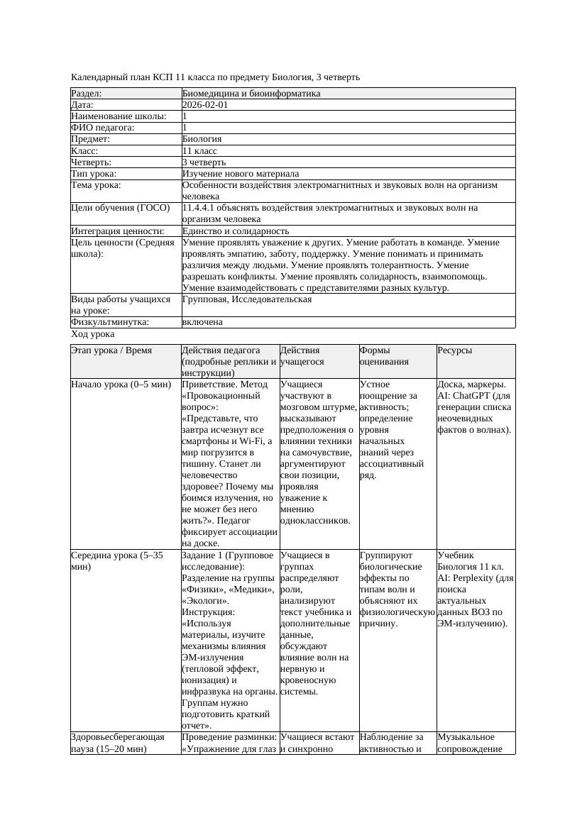 КСП Биология 11класс 3четверть Особенности воздействия электромагнитных