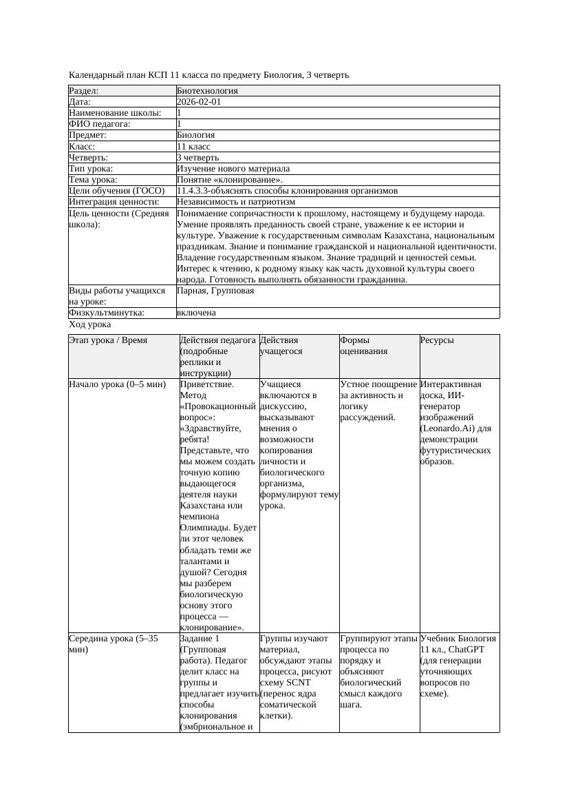 КСП Биология 11класс 3четверть Понятие клонирование docx