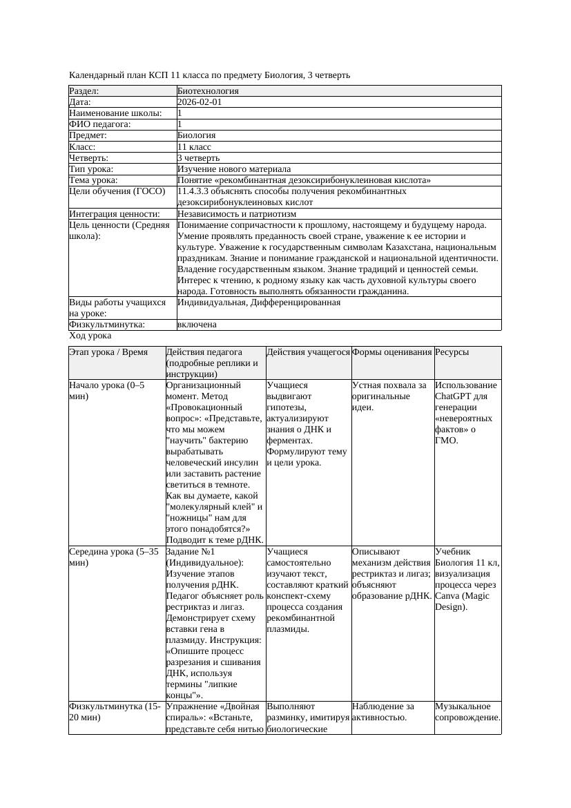 КСП Биология 11класс 3четверть Понятие рекомбинантная дезоксирибонуклеинова