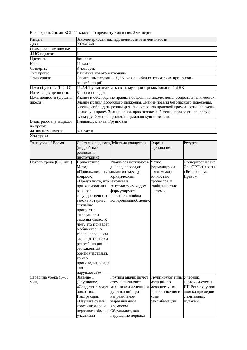 КСП Биология 11класс 3четверть Спонтанные мутации ДНК как ошибки