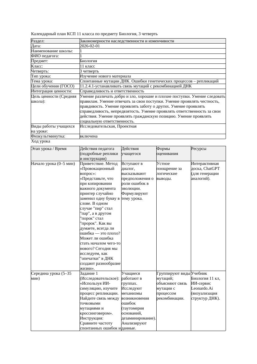 КСП Биология 11класс 3четверть Спонтанные мутации ДНК Ошибки генетических