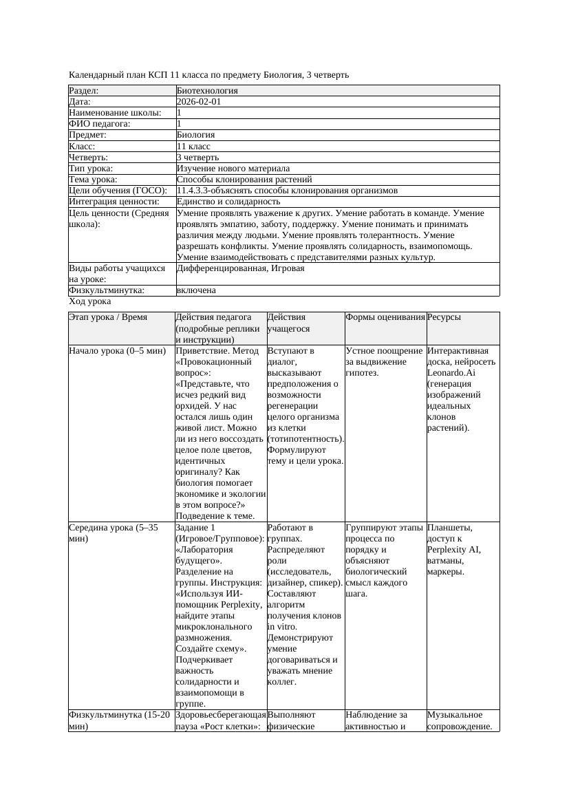 КСП Биология 11класс 3четверть Способы клонирования растений docx