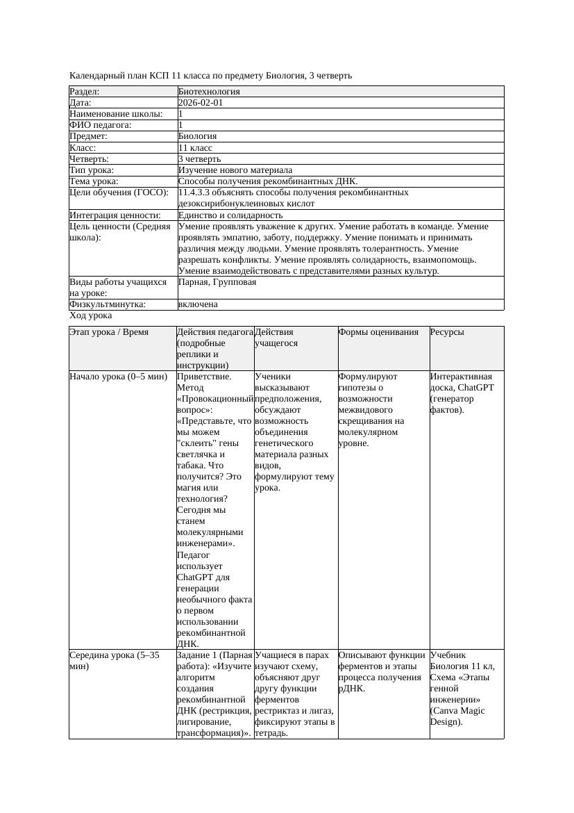 КСП Биология 11класс 3четверть Способы получения рекомбинантных