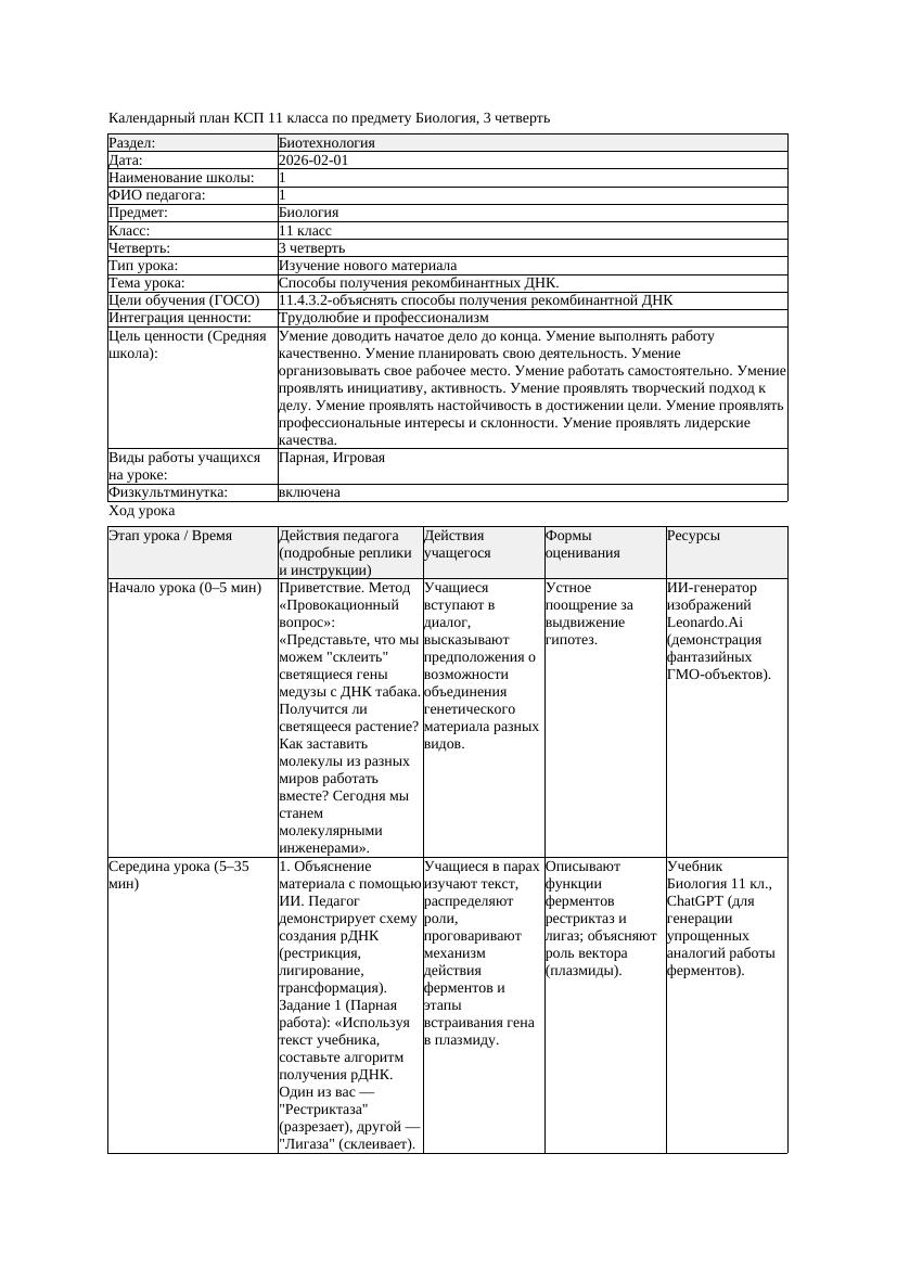 КСП Биология 11класс 3четверть Способы получения рекомбинантных