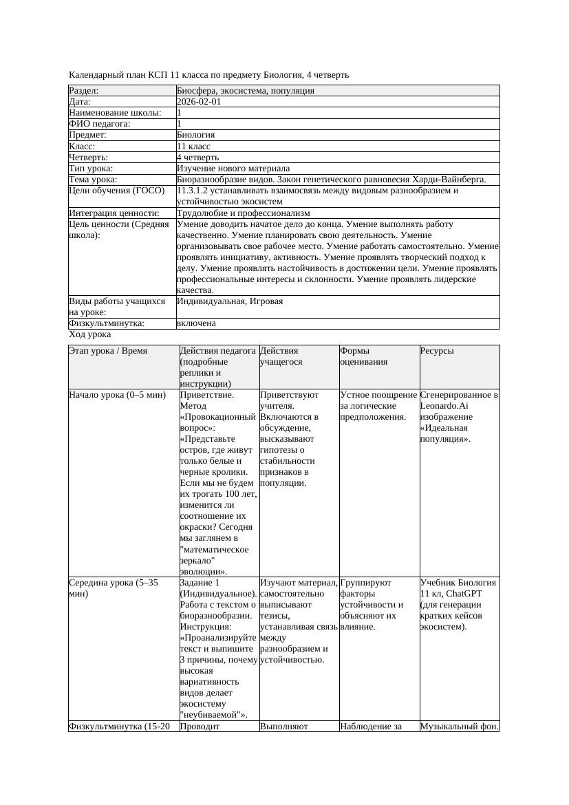 КСП Биология 11класс 4четверть Биоразнообразие видов Закон генетического