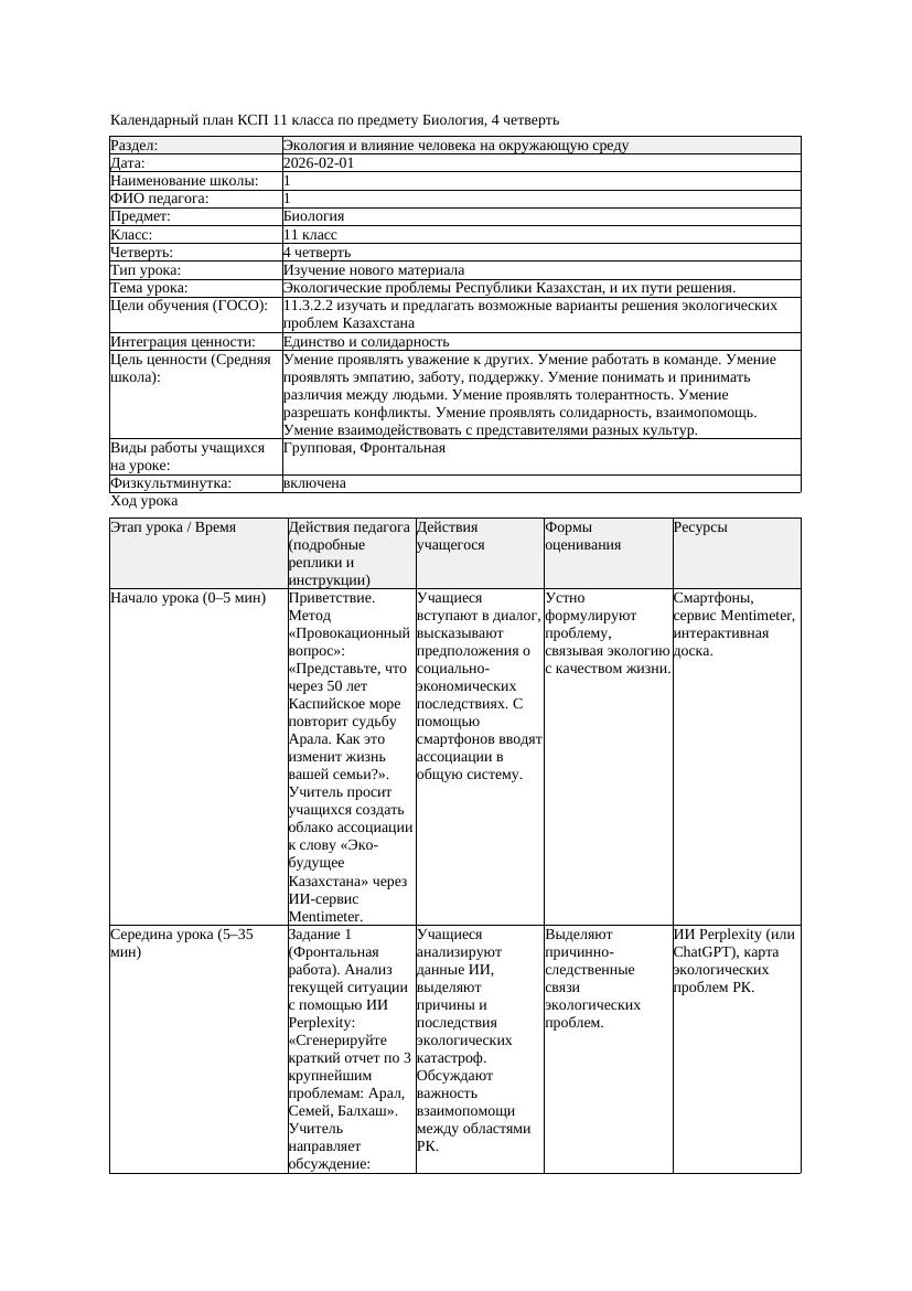 КСП Биология 11класс 4четверть Экологические проблемы Республики