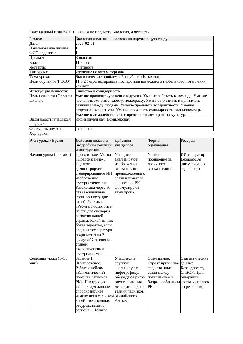 КСП Биология 11класс 4четверть Экологические проблемы Республики