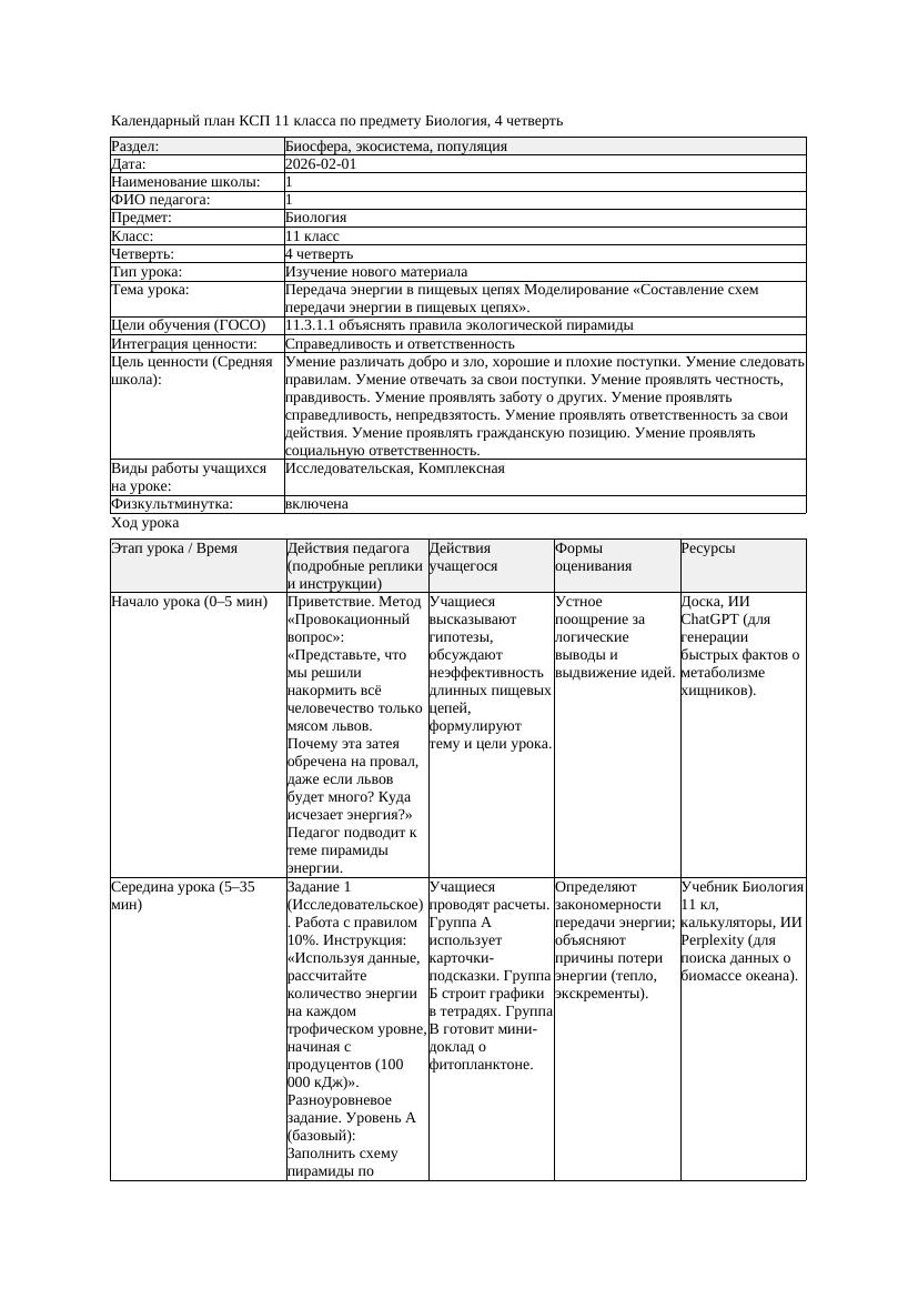 КСП Биология 11класс 4четверть Передача энергии в пищевых цепях