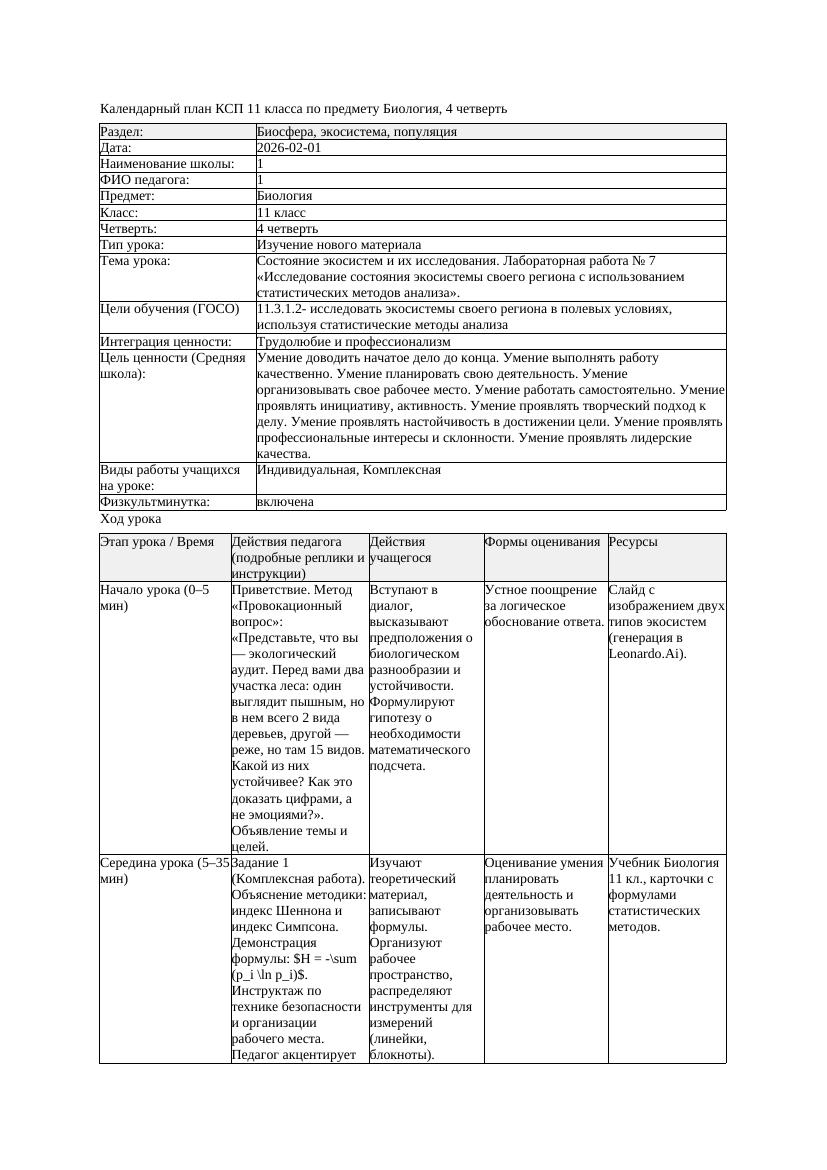 КСП Биология 11класс 4четверть Состояние экосистем и их исследования