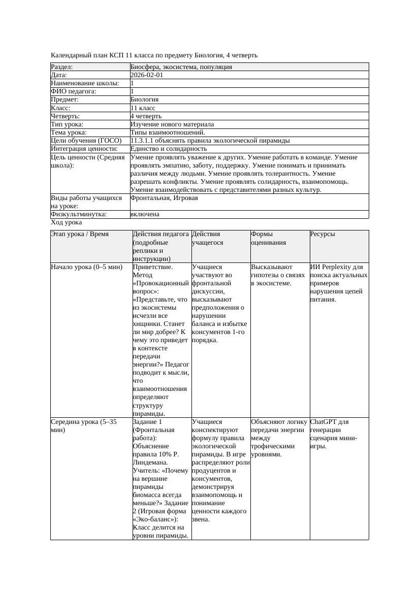 КСП Биология 11класс 4четверть Типы взаимоотношений docx