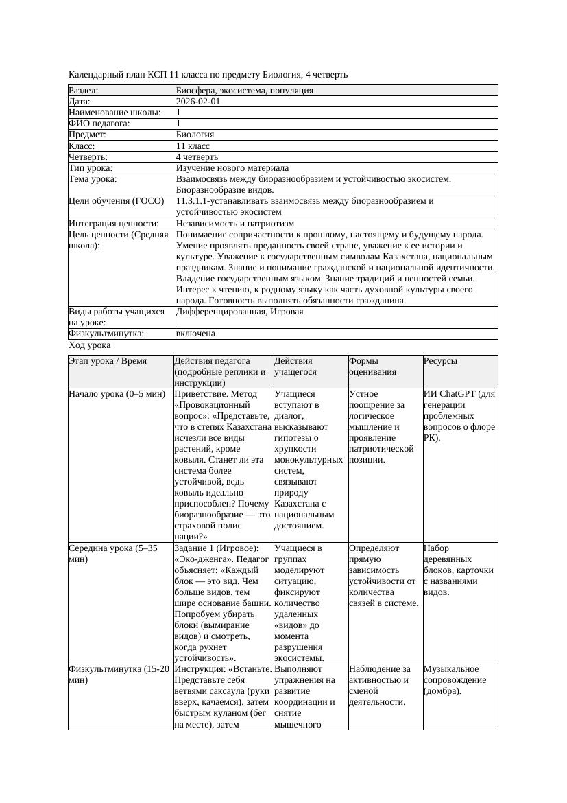 КСП Биология 11класс 4четверть Взаимосвязь между биоразнообразием