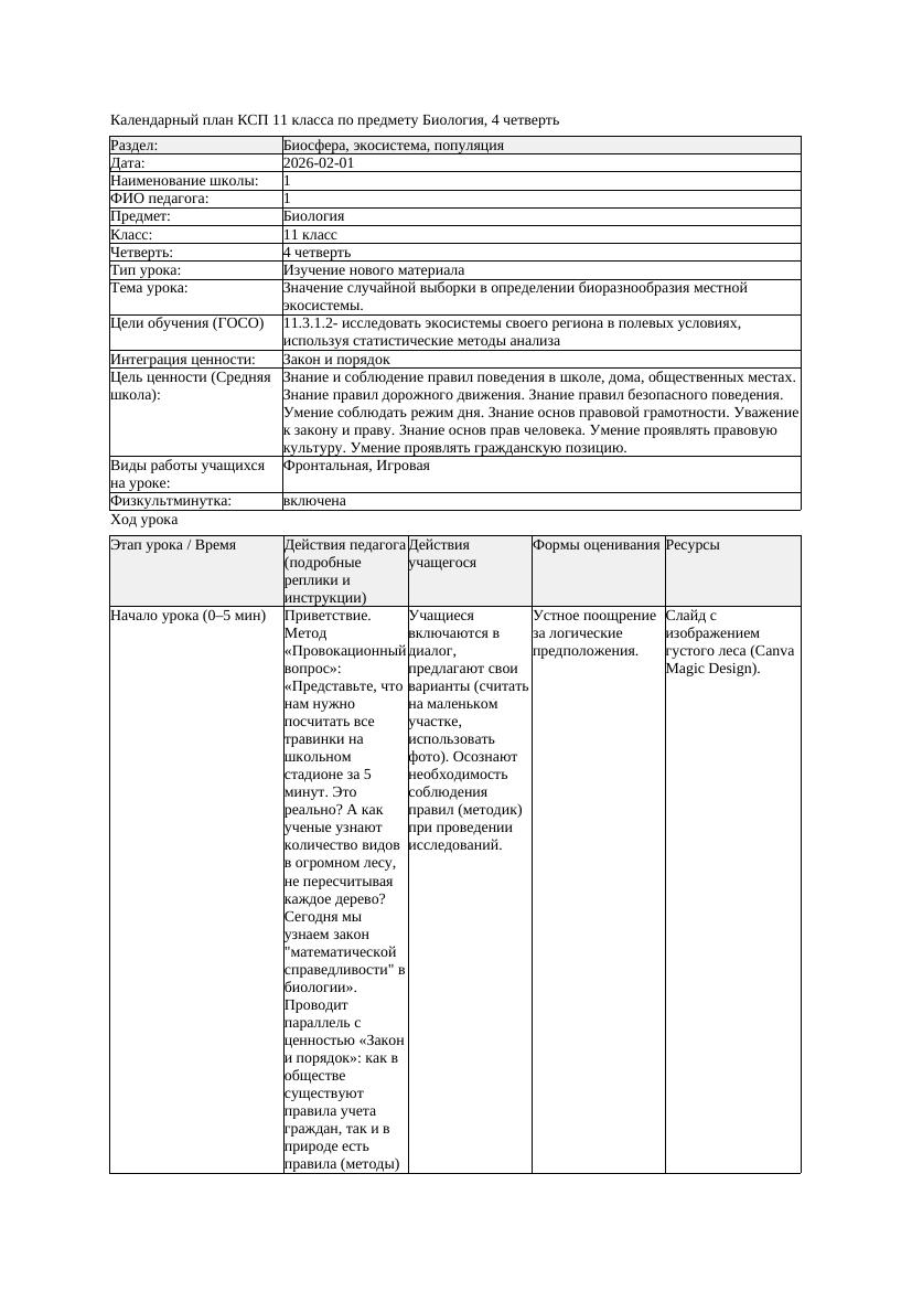 КСП Биология 11класс 4четверть Значение случайной выборки в определении