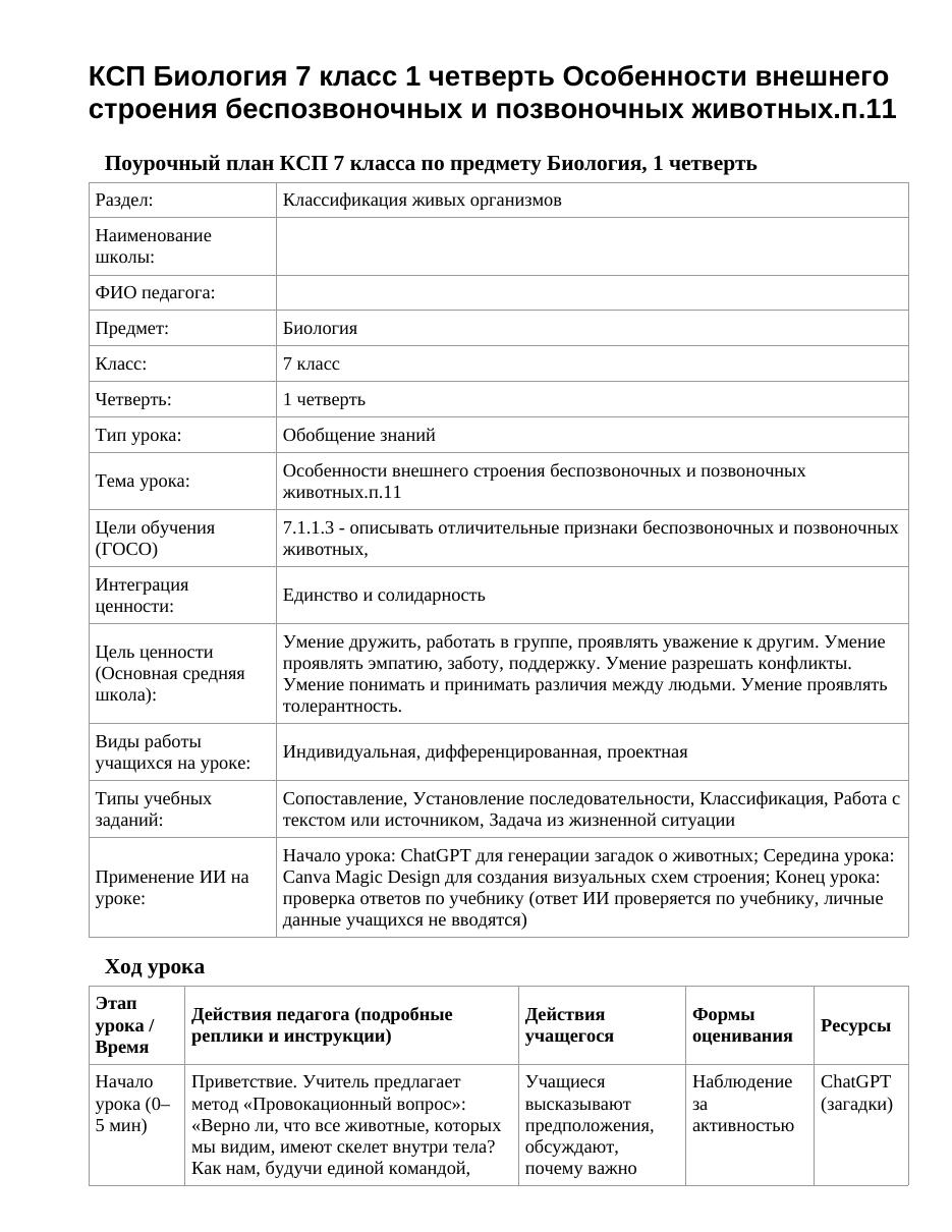 КСП Биология 7 класс 1 четверть Особенности внешнего строения беспозвоночных и позвоночных животных.п.11