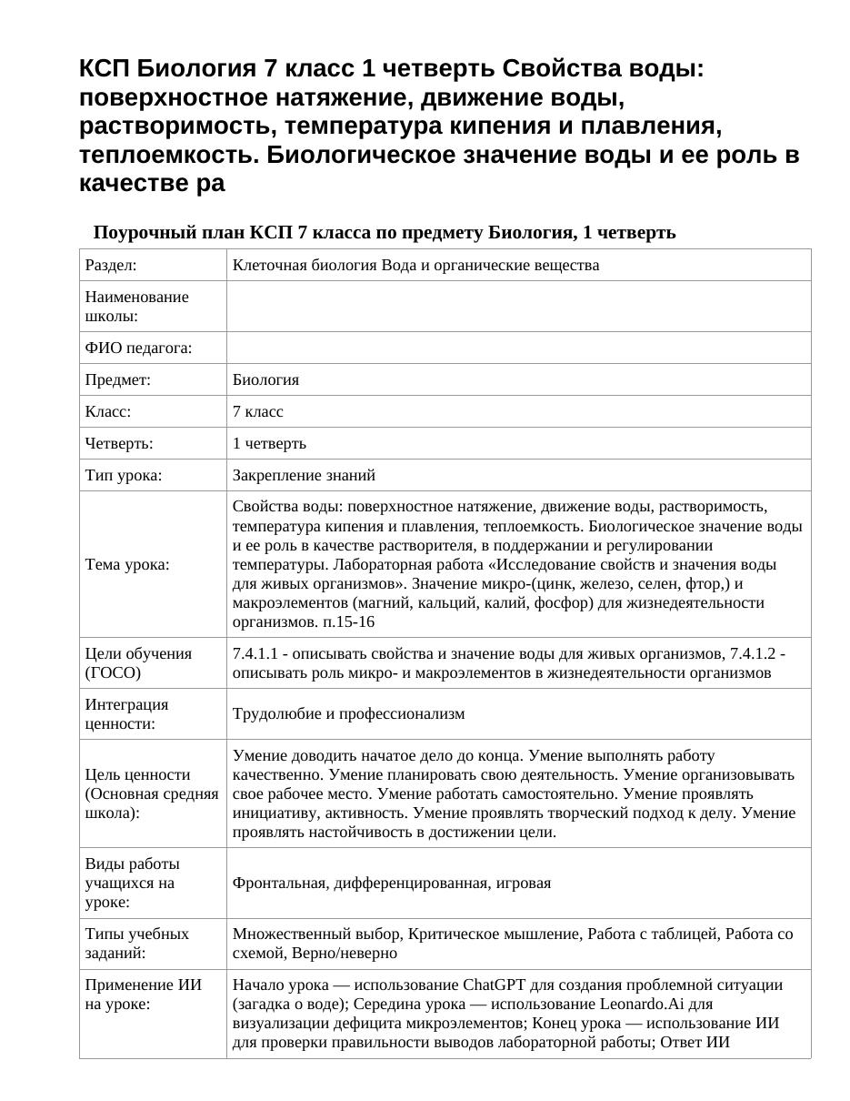 КСП Биология 7 класс 1 четверть Свойства воды: поверхностное натяжение, движение воды, растворимость, температура кипения и плавления, теплоемкость. Биологическое значение воды и ее роль в качестве ра