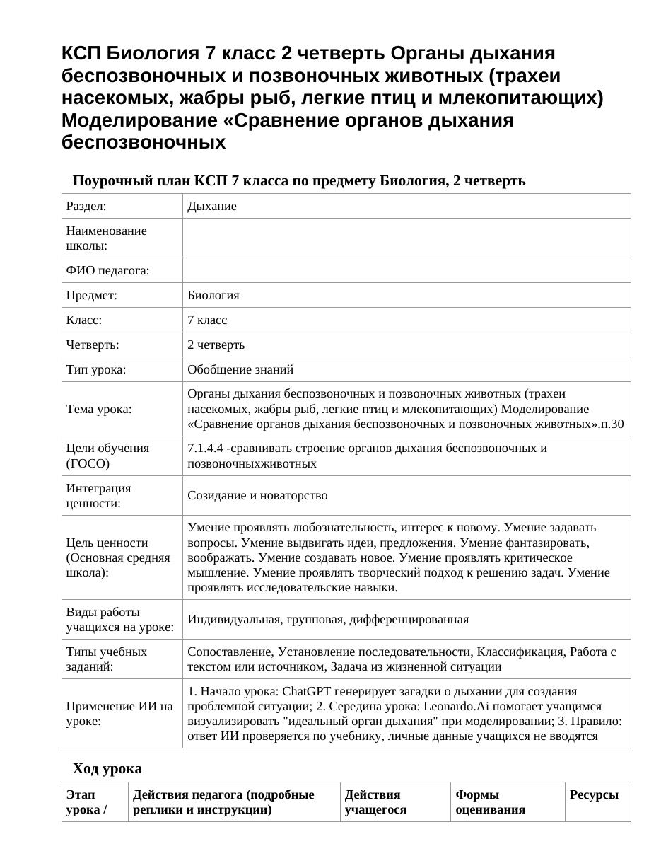 КСП Биология 7 класс 2 четверть Органы дыхания беспозвоночных и позвоночных животных (трахеи насекомых, жабры рыб, легкие птиц и млекопитающих) Моделирование «Сравнение органов дыхания беспозвоночных 