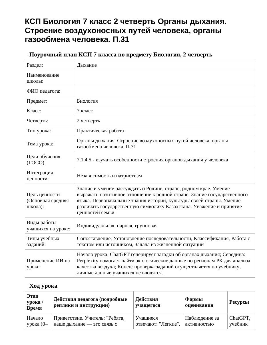 КСП Биология 7 класс 2 четверть Органы дыхания. Строение воздухоносных путей человека, органы газообмена человека. П.31