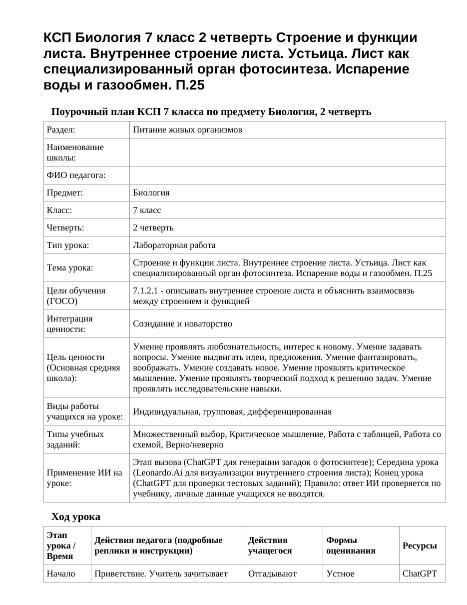 КСП Биология 7 класс 2 четверть Строение и функции листа. Внутреннее строение листа. Устьица. Лист как специализированный орган фотосинтеза. Испарение воды и газообмен. П.25