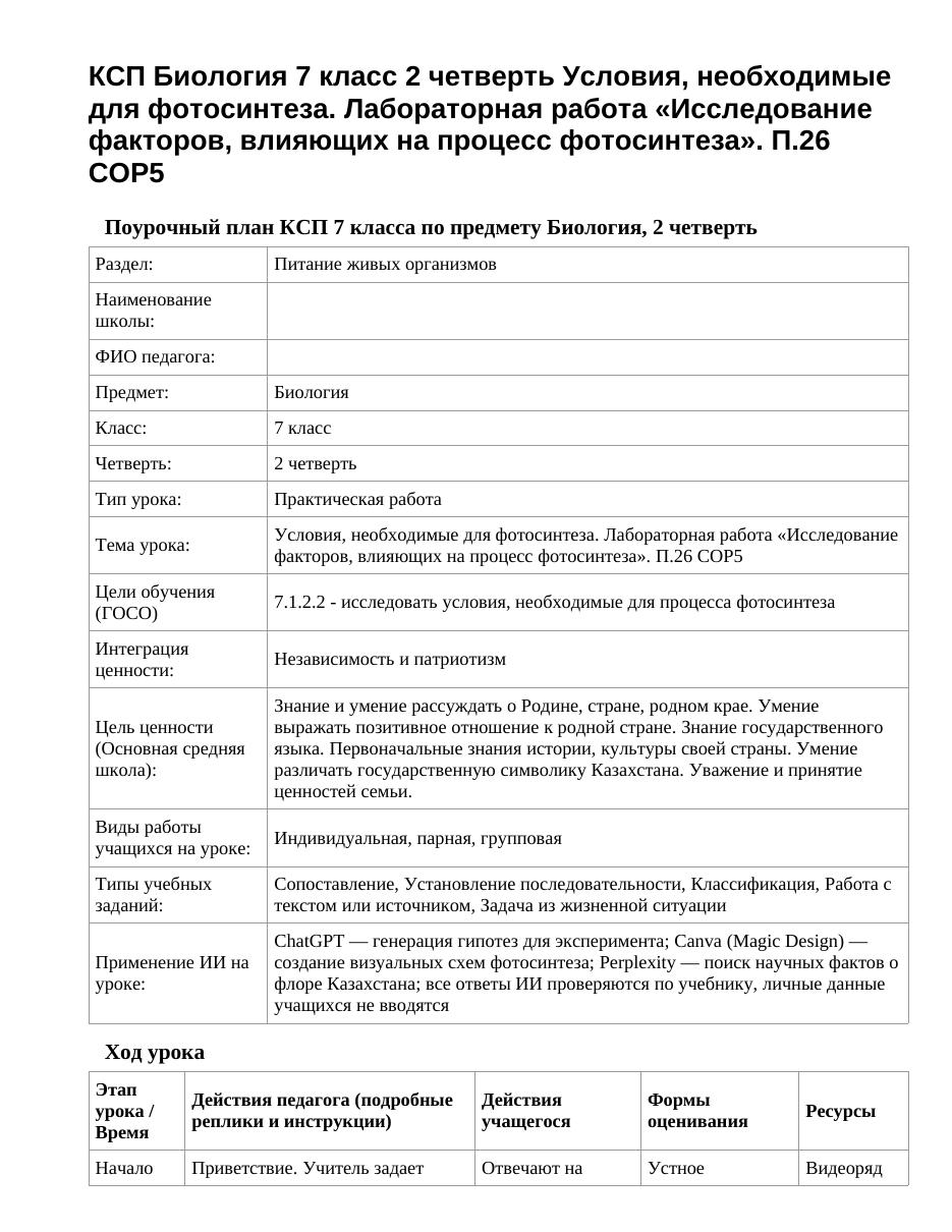КСП Биология 7 класс 2 четверть Условия, необходимые для фотосинтеза. Лабораторная работа «Исследование факторов, влияющих на процесс фотосинтеза». П.26 СОР5