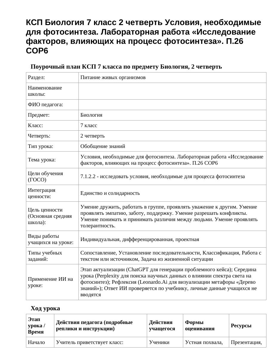 КСП Биология 7 класс 2 четверть Условия, необходимые для фотосинтеза. Лабораторная работа «Исследование факторов, влияющих на процесс фотосинтеза». П.26 СОР6