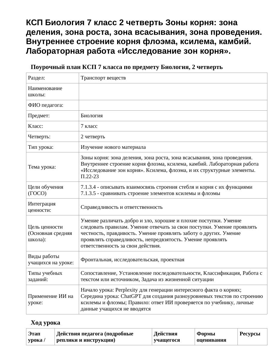 КСП Биология 7 класс 2 четверть Зоны корня: зона деления, зона роста, зона всасывания, зона проведения. Внутреннее строение корня флоэма, ксилема, камбий. Лабораторная работа «Исследование зон корня».