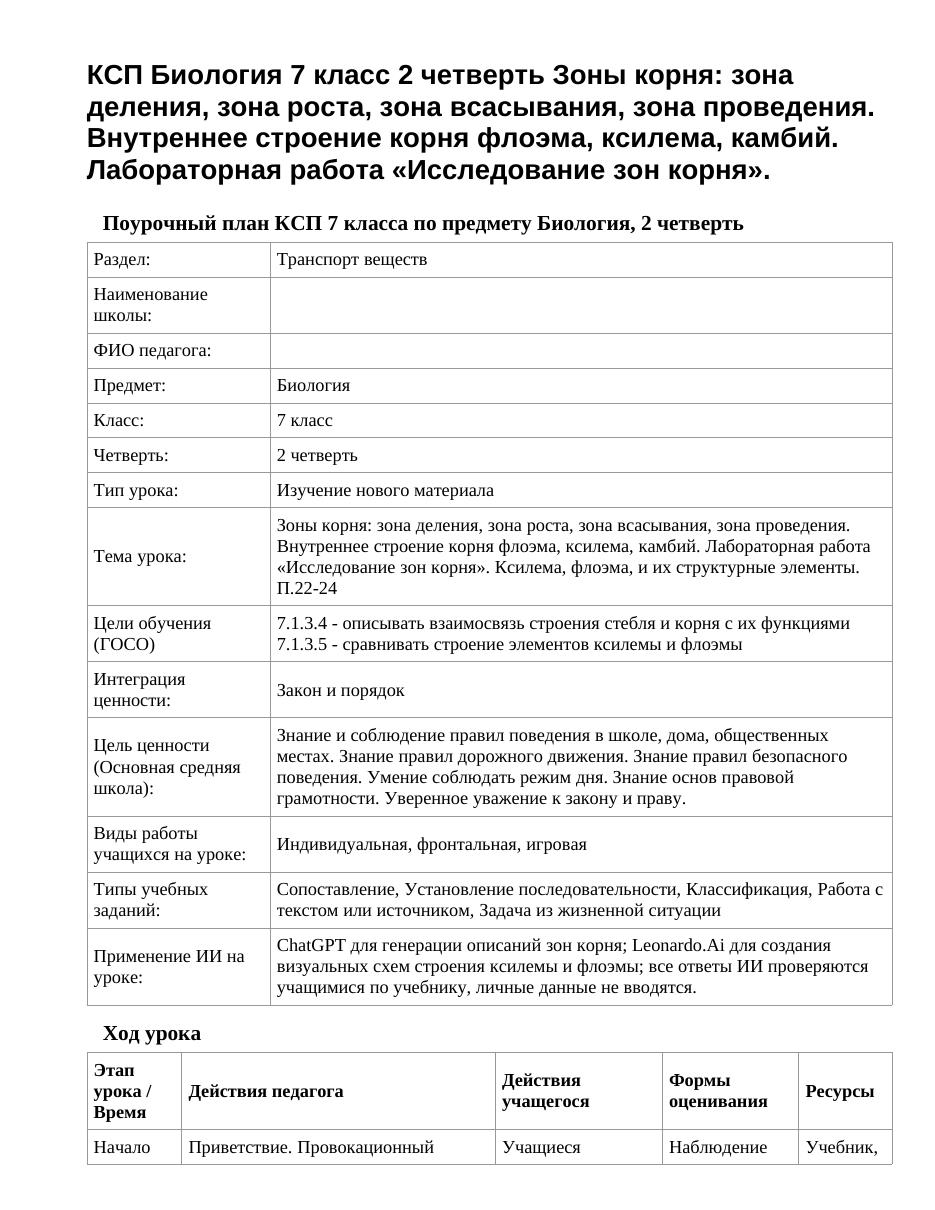 КСП Биология 7 класс 2 четверть Зоны корня: зона деления, зона роста, зона всасывания, зона проведения. Внутреннее строение корня флоэма, ксилема, камбий. Лабораторная работа «Исследование зон корня».