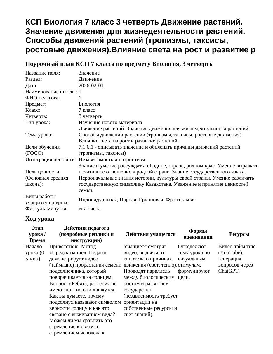 КСП Биология 7 класс 3 четверть Движение растений. Значение движения для жизнедеятельности растений. Способы движений растений (тропизмы, таксисы, ростовые движения).Влияние света на рост и развитие р