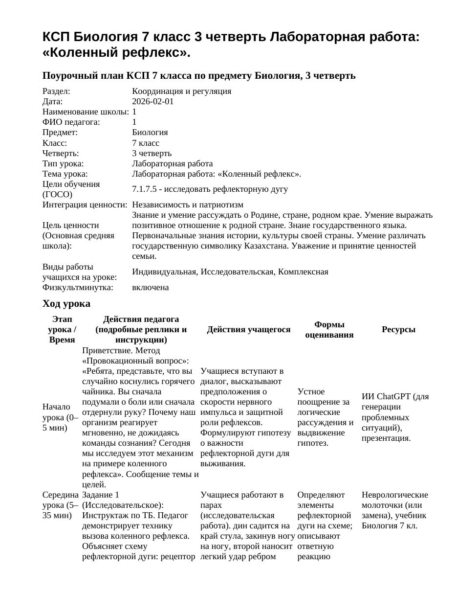 КСП Биология 7 класс 3 четверть Лабораторная работа: «Коленный рефлекс».
