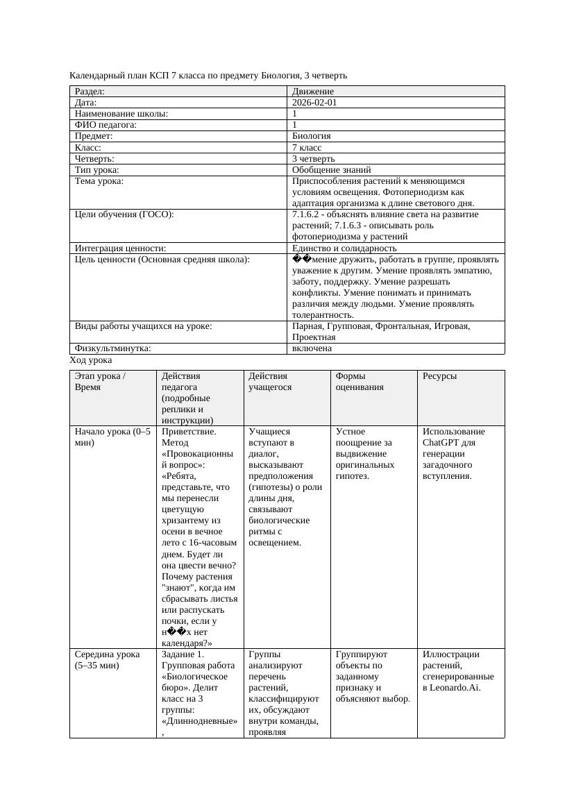 КСП Биология 7класс 3четверть Приспособления растений к меняющимся