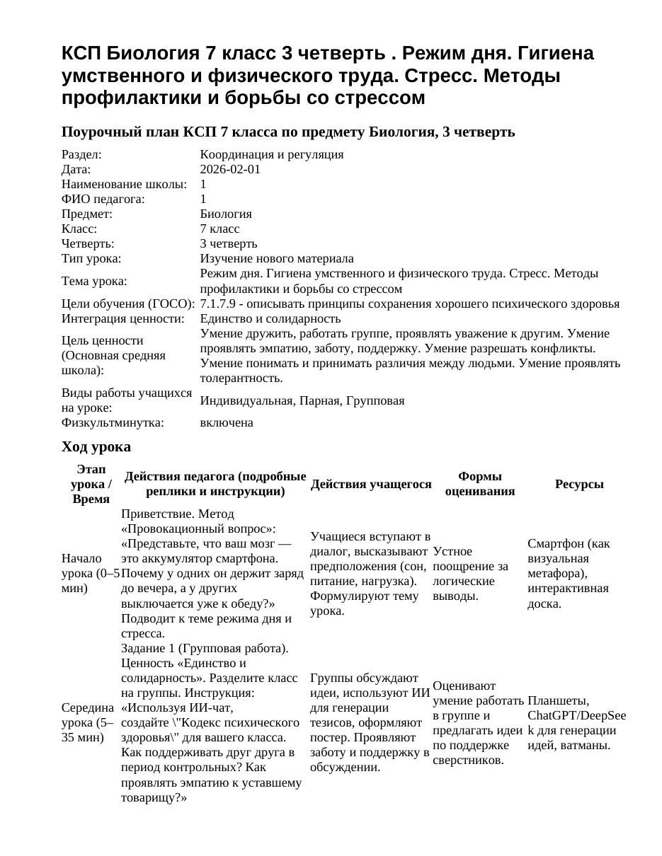 КСП Биология 7 класс 3 четверть . Режим дня. Гигиена умственного и физического труда. Стресс. Методы профилактики и борьбы со стрессом