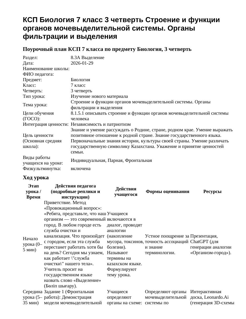 КСП Биология 7 класс 3 четверть Строение и функции органов мочевыделительной системы. Органы фильтрации и выделения