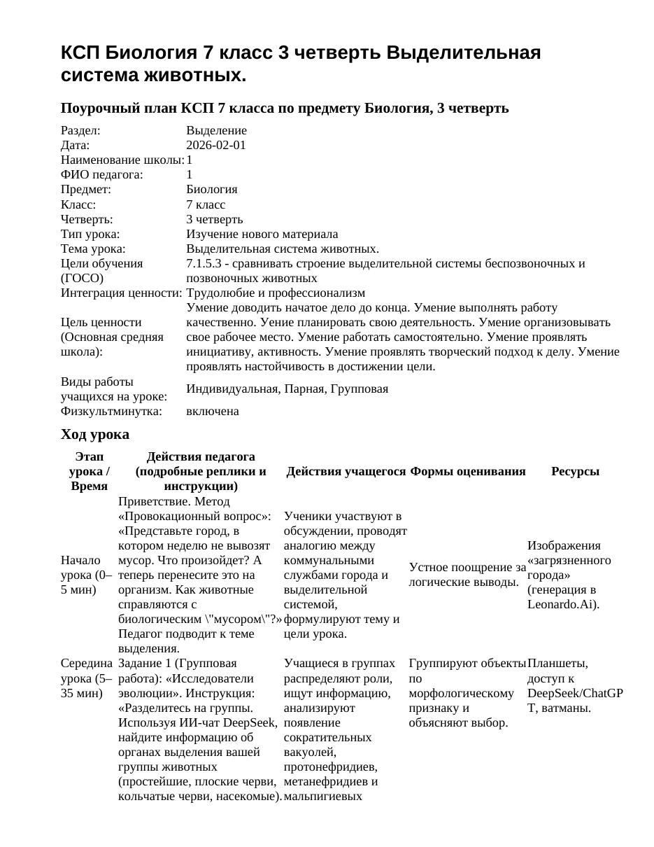 КСП Биология 7 класс 3 четверть Выделительная система животных.