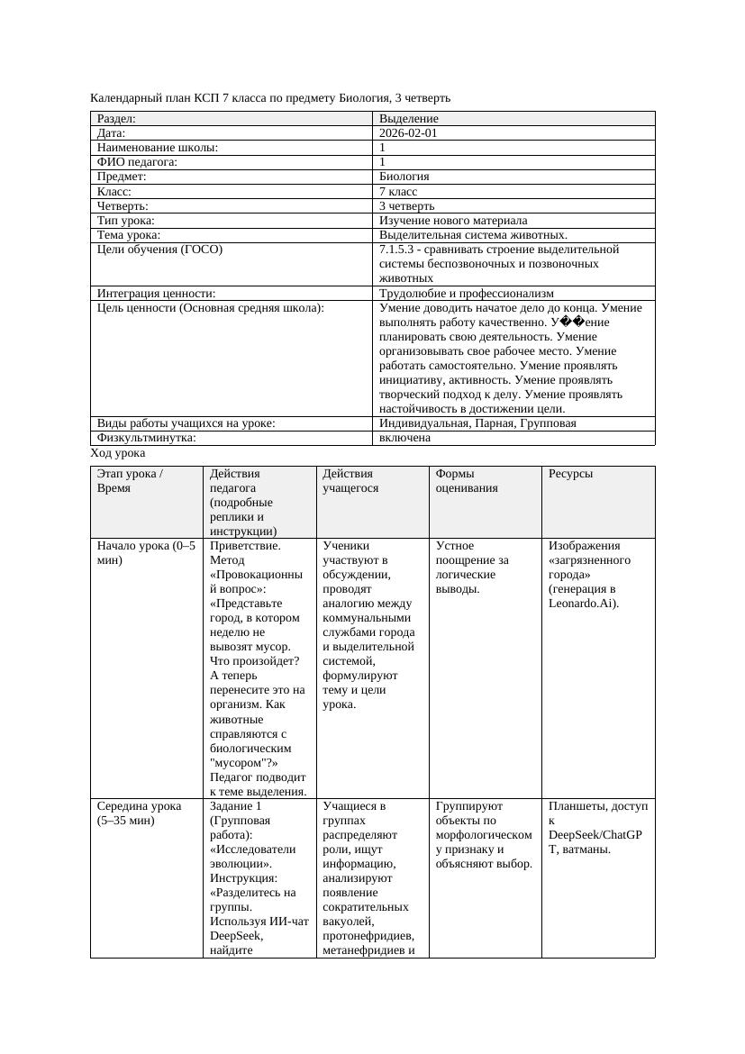 КСП Биология 7класс 3четверть Выделительная система животных docx